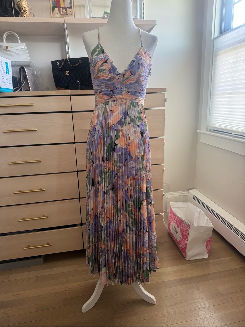 Astr Floral Pleated Midi Dress - Lavender, Peach, Green, Cream